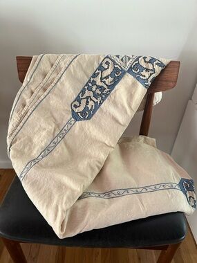 Vintage Cream Table Linen with Blue Embroidery